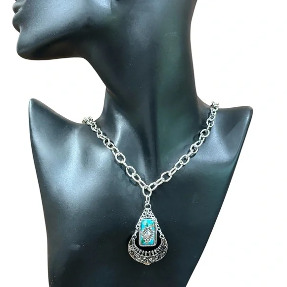Boho Western Chic Silver and Turquoise Pendant Fashion Necklace With 30” Chain - Picture 2 of 5